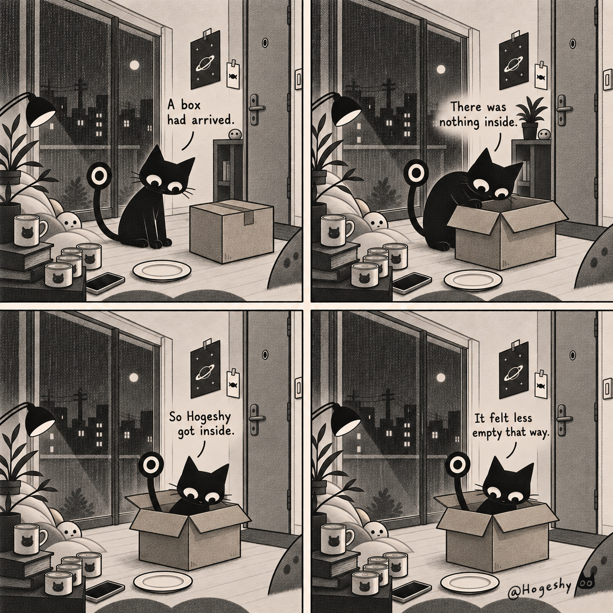 A four-panel Hogeshy comic titled The Box